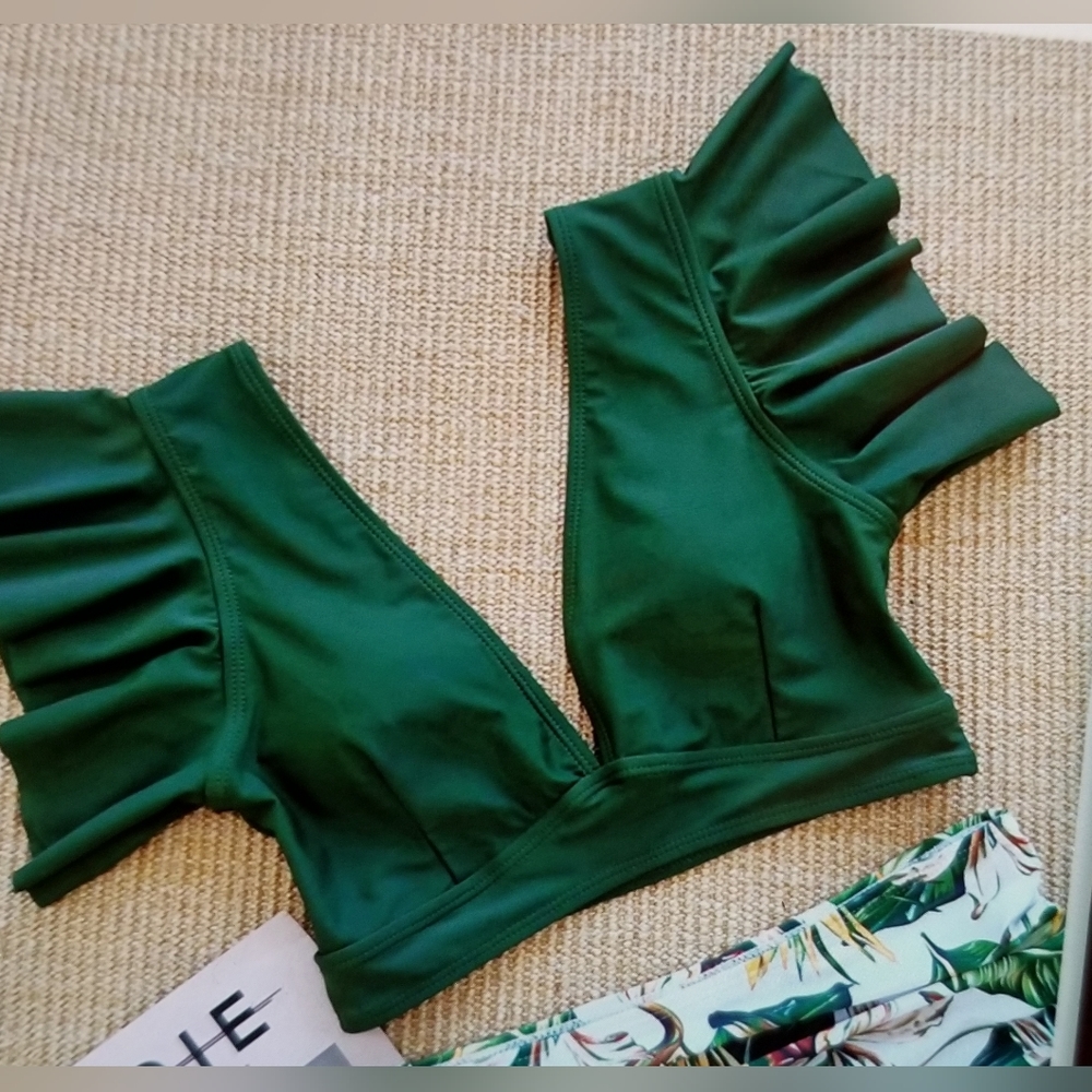 NWT WOMENS RUFFLE HIGH WAIST PUSH UP SWIM SUIT TROPICAL SLIMMING - Picture 3 of 8